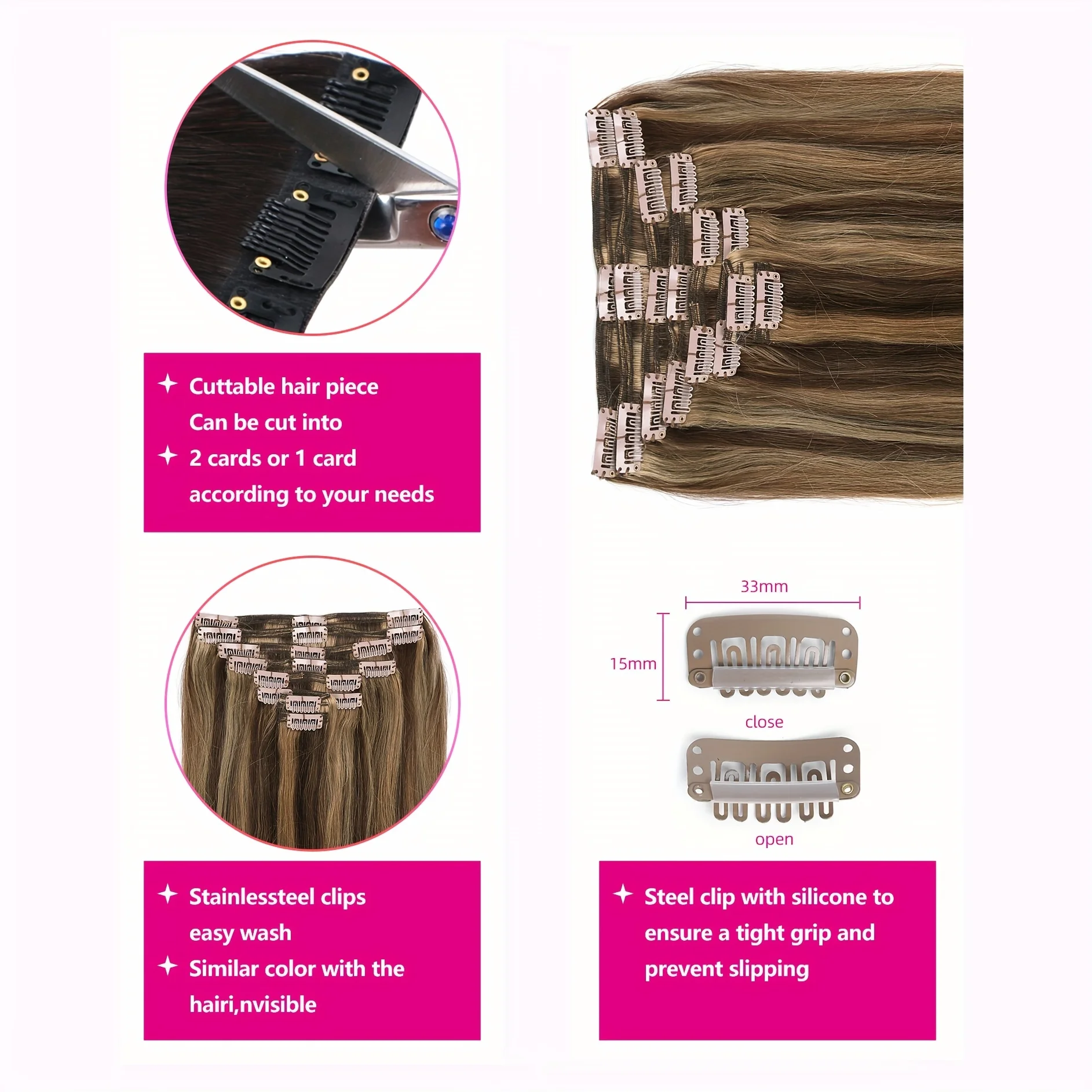 #4p27 Color Clip in Hair Extensions 8pcs Double Weft Human Hair Full Head Extensions 18 Clips 10"-24"For Women