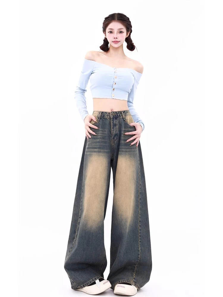 아메리칸 스타일 빈티지 워싱 와이드 레그 청바지 여성 여름 신상 하이웨이스트 루즈 슬리밍 캐주얼 롱 팬츠