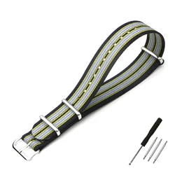 Rugged Ribbed Nylon Retro Watch Strap - Braided Ballistic Fabric Band - 22mm (BLACK YELLOW GREY)