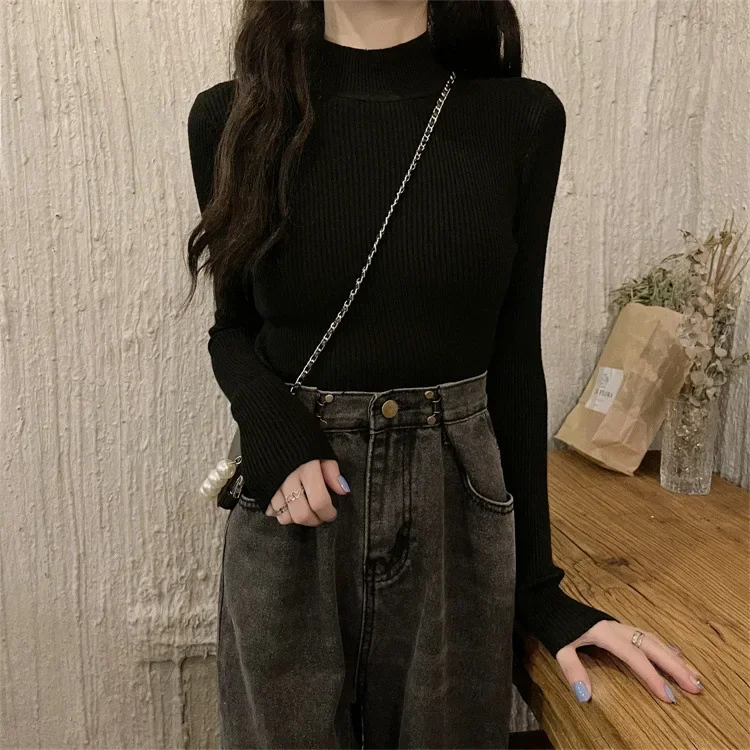 

Semi-turtleneck solid color sweater spring 2023 new style base shirt street hipster pullover long sleeve slim sweater gray22