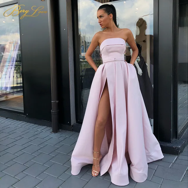 Elegant Satin Evening Dresses Strapless High Split Evening Dress High Waist  Belt Prom Dress Vestidos Elegantes - Evening Dresses - AliExpress