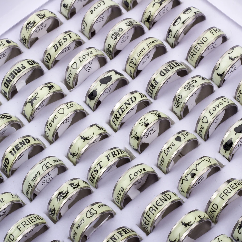 100 Pcs/lot Luminous Stainless Steel Rings Glow in the dark Men Women Party Jewelry Wholesale Lot