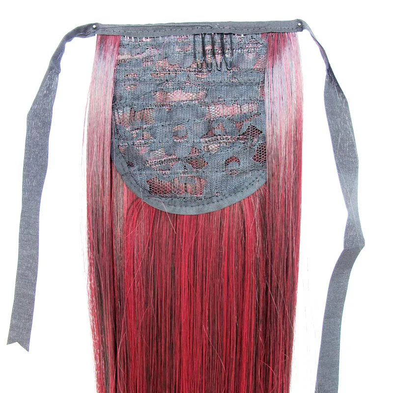 Zolin Synthetic Ponytail Straight Hair Extension Ribbon Drawstring Ponytails Blue Red Ombre Color Hairpiece
