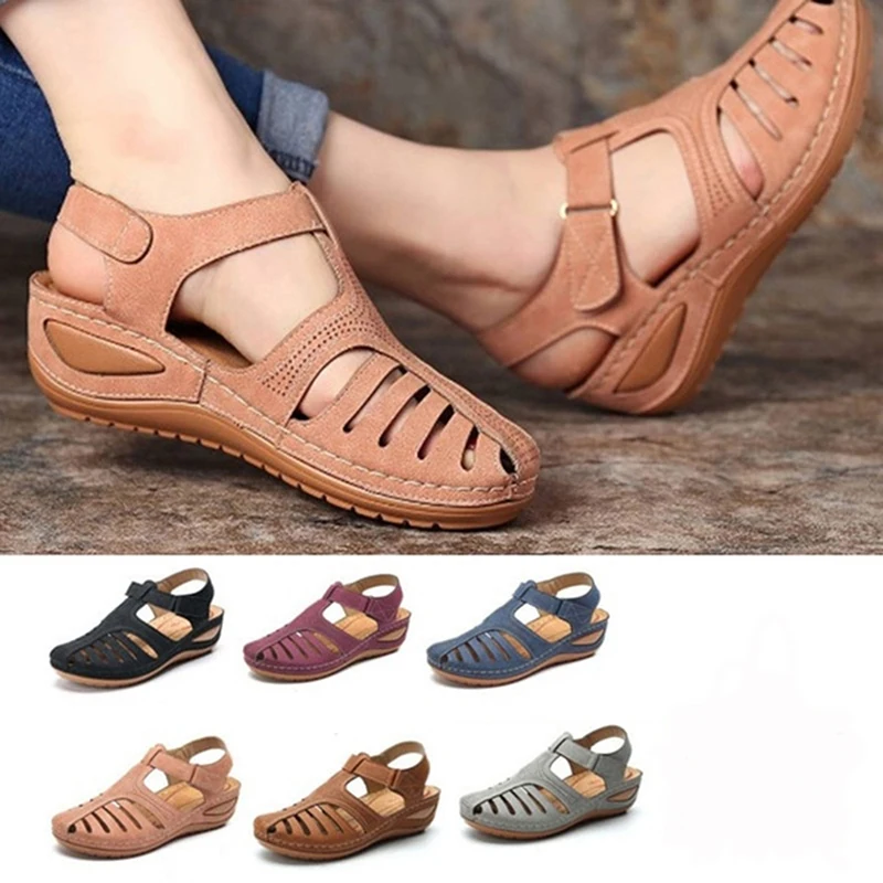 

Retro Women's Sandals Car Line Hole Shoes Non-Slip Round Toe Wedge Comfortable Shoes Women Ankle Hollow Round Toe Sandals