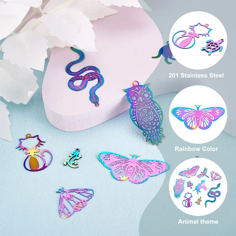 Kissitty 36Pcs Animal Ion Plating Stainless Steel Filigree Pendants Laser Cut Charm for Necklace Earring Bracelet Jewelry Making