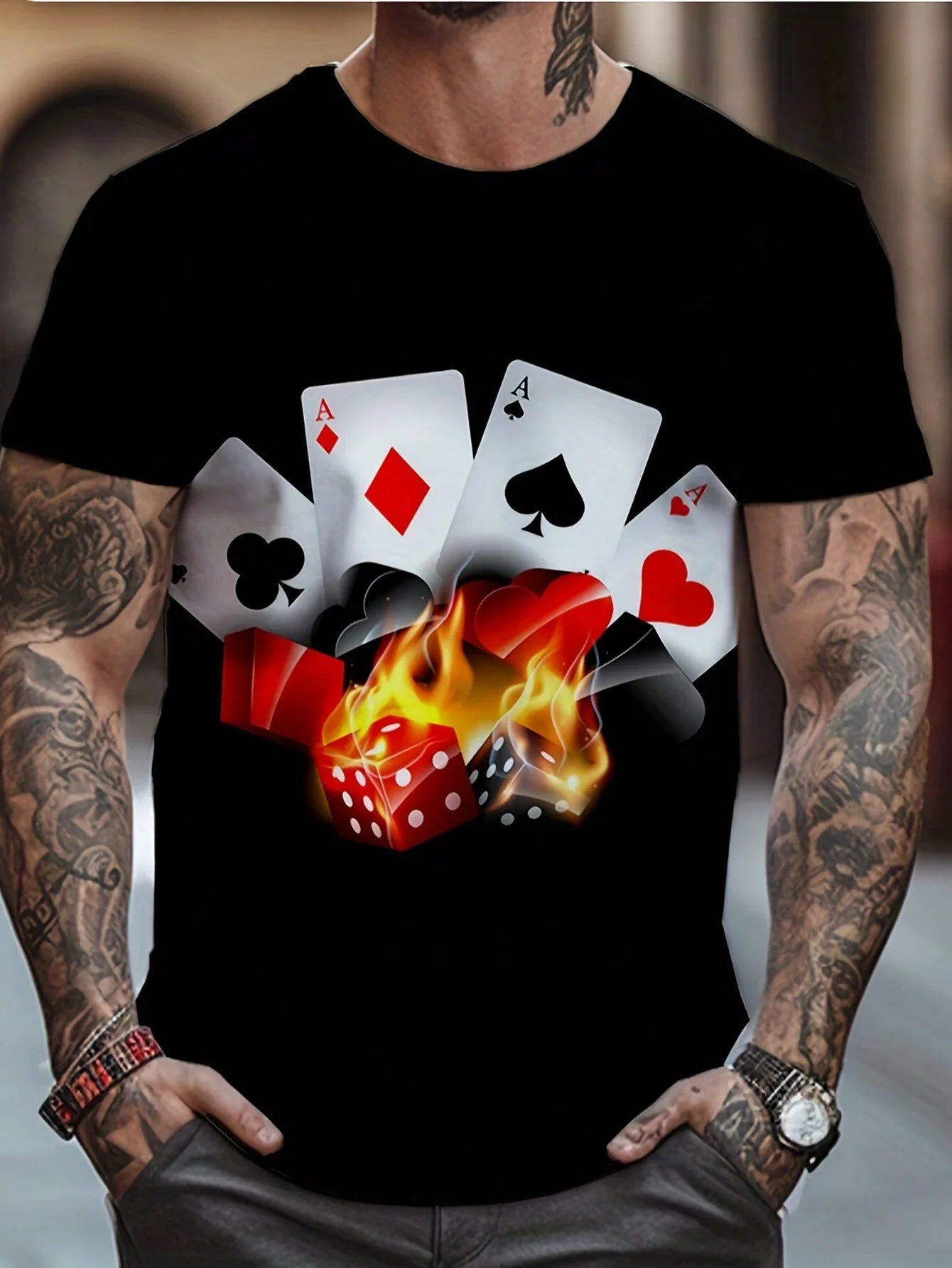 Camiseta de manga corta con estampado de póquer y llamas para hombre, camiseta de manga corta estilo Harajuku, camiseta informal de cuello redondo para hombre
