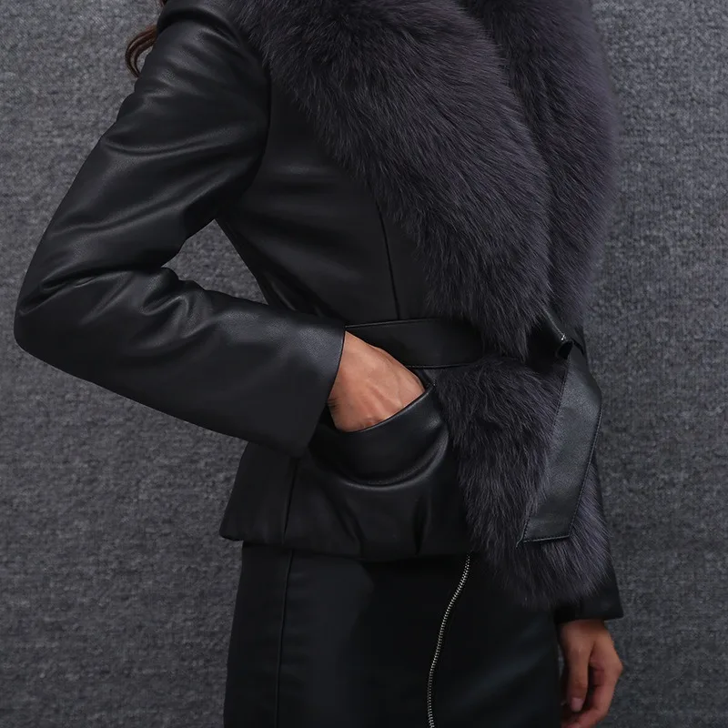 2023 Autumn Winter New Women Faux Fox Fur Collar Fur Coat Large Size Slim Fit Temperament Outwear Fashion Short PU Leather Coat