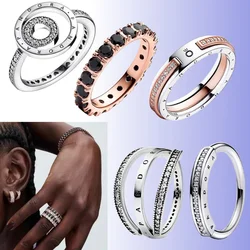 2024 New Women's Luxury Jewelry 925 Sterling Silver Shining Zircon Ring Suitable for Original Pandora DIY Couple Ring Charm Gift