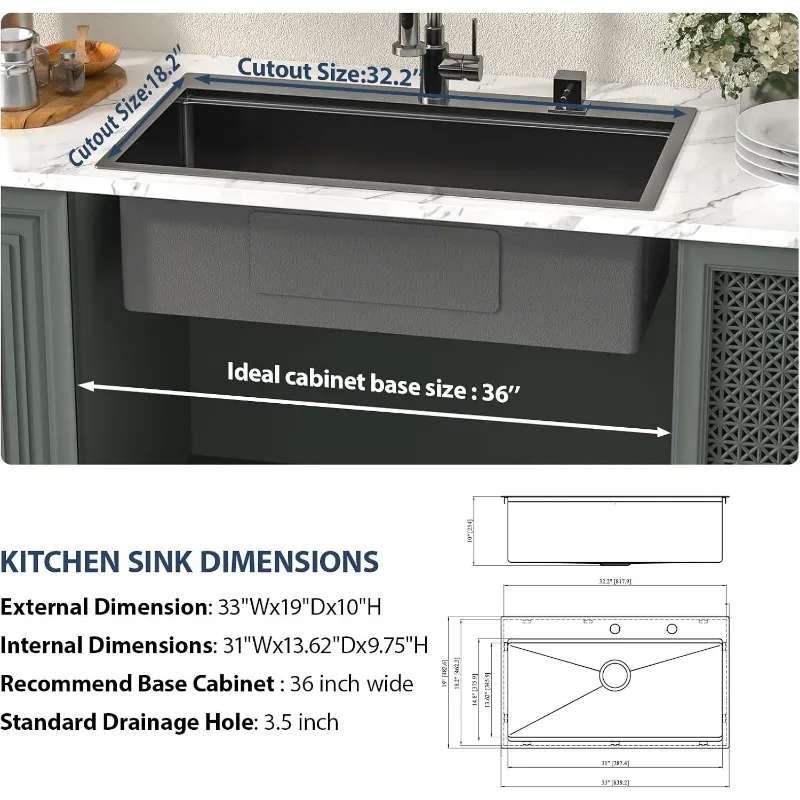 33 Inch Black Drop In Kitchen Sink   Worktation Kitchen Sinks Handmade Deep Basin With Cutting Board, 33"x19"x10" 6