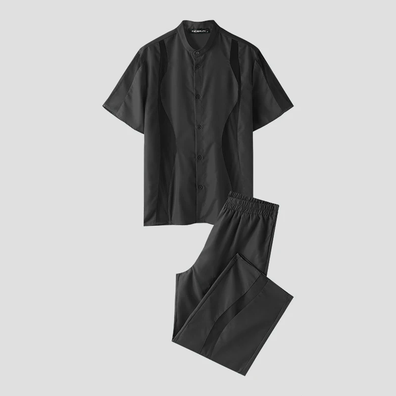 thumbnail image 1 of INCERUN 2024 Conjuntos casuales de estilo americano para hombre, camisas de manga corta, pantalones, conjuntos de dos piezas de malla con empalme irregular a la moda para hombre S-5XL, 1 of 5