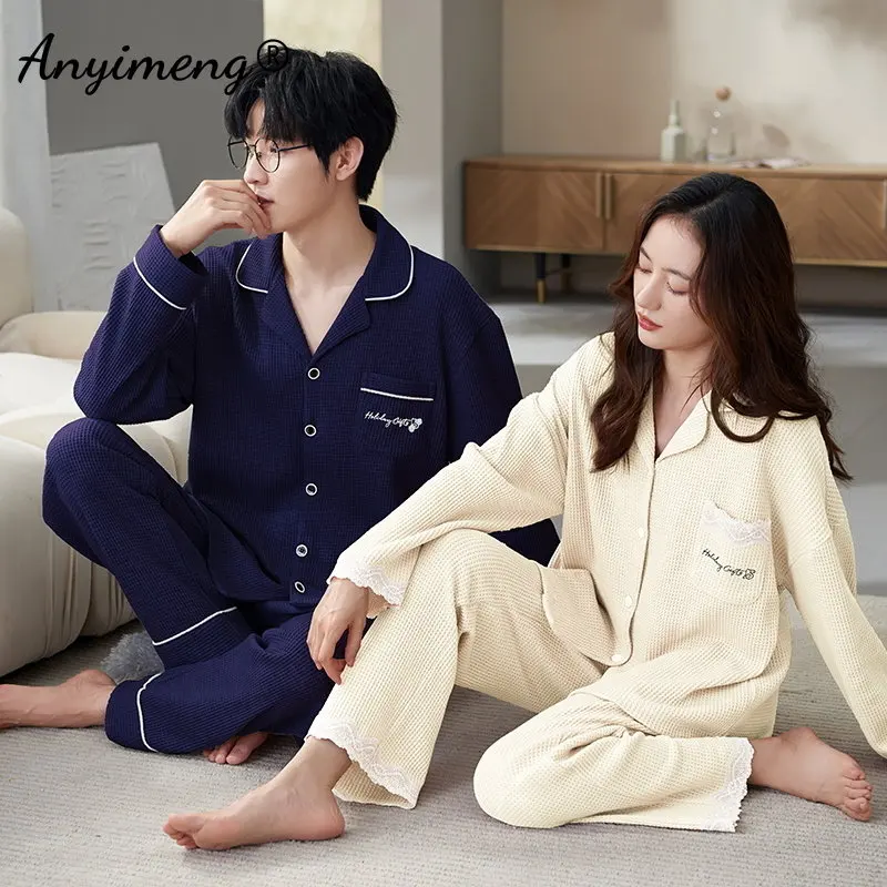 새로운 봄 가을 그와 그녀의 잠옷 패션 잠옷 긴 소매 격자 무늬 바지 여성 홈 정장 와플 코튼 커플 잠옷, 여성 잠옷