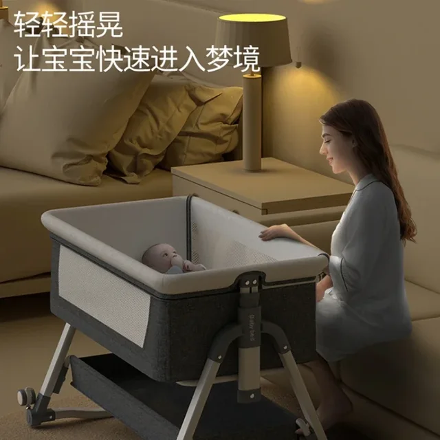 Portable and Movable Baby Crib Foldable and Adjustable Height Splicing Large Bed Modern and Simple Baby Cradle Bed 4