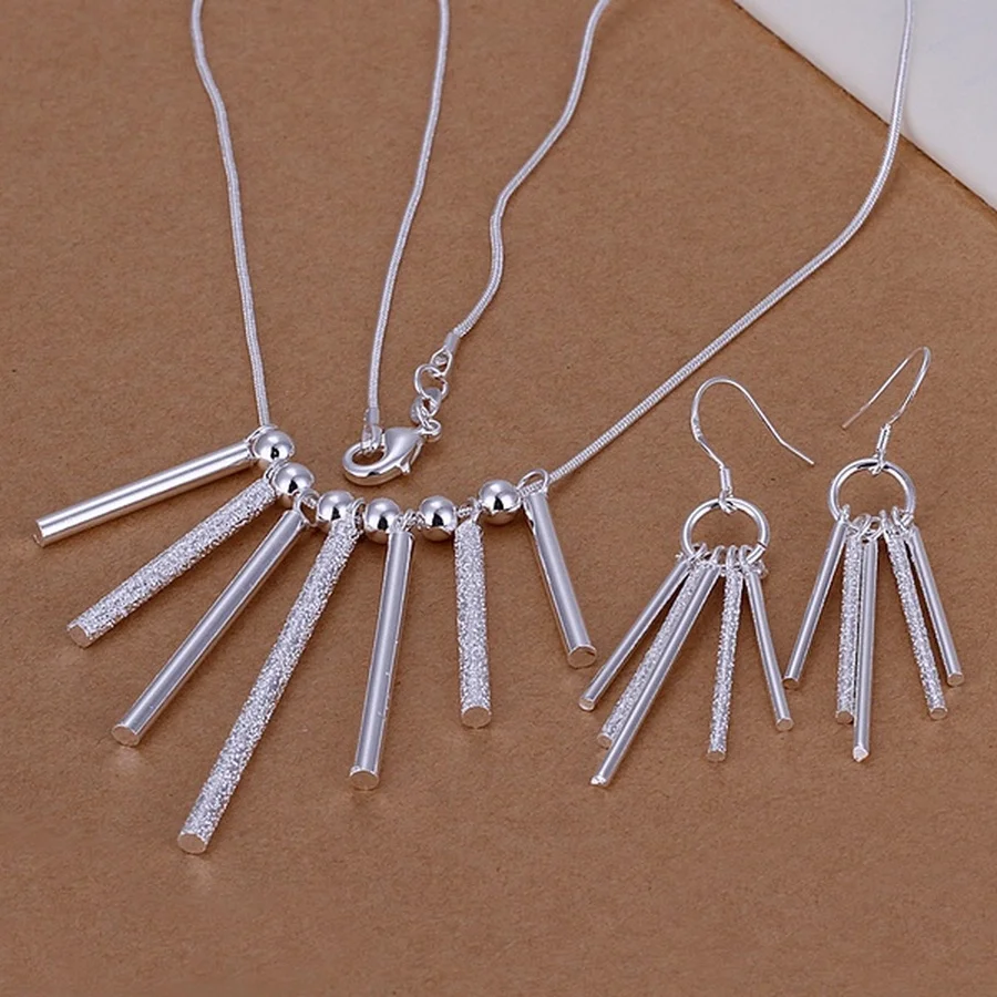 

Fine silver party jewelry wedding retro Seven column necklace Women lady column Drop Earrings fashion Silver color jewelry set