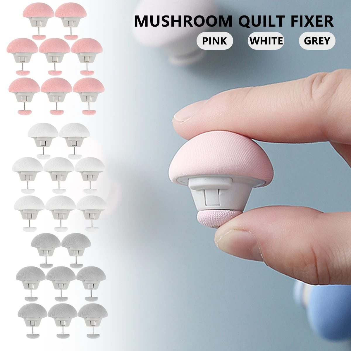 Grey MQUPIN Quilt Fixing Clips,16 Pcs Duvet Cover Clips,Mushroom Round Fixing Clips with Buttons,Bedroom Duvet Fixing Holder Quilt Cover Pins with Box 