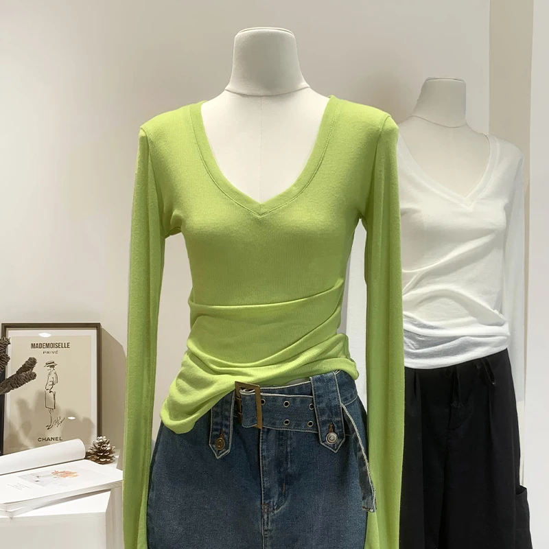 

INS Ice Silk Sunscreen Shirt Women's Summer Thin V-neck T-shirt Long Sleeve Air Conditioning Shirt Loose Tops Tees Casual Y2K