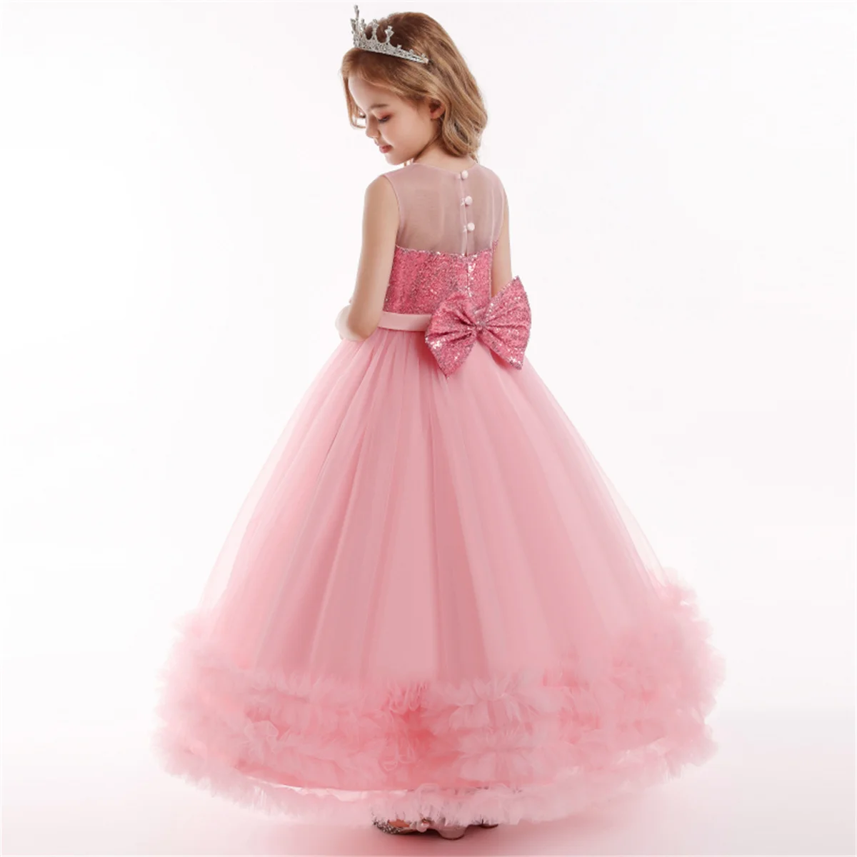Elegant Pink Lace Mesh Flower Girl Dress - Princess Style Party & Wedding Attire