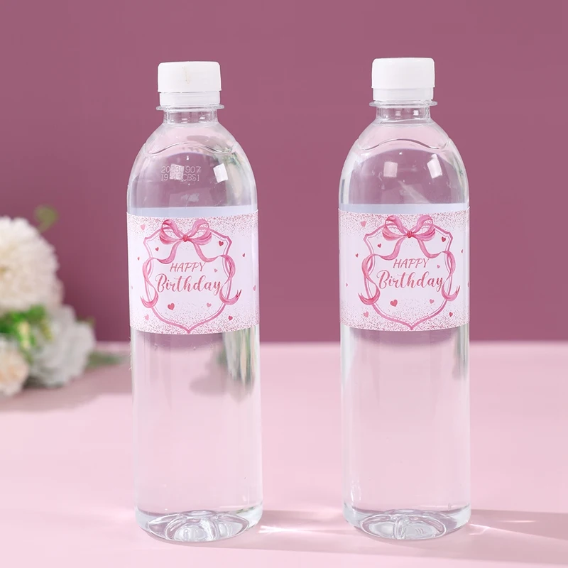 10/24Pcs Rosa Schleife Party Wasser Flasche Aufkleber Papier Label Für Prinzessin Mädchen Rosa Bownot Geburtstag Party Dekoration baby Dusche – Detail 10