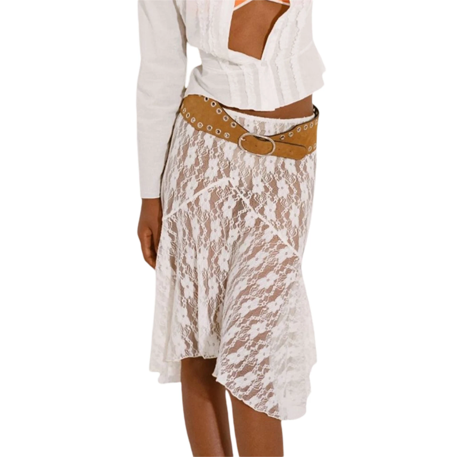 

Women Floral Lace Skirts Summer Beach Streetwear Hollow See Through Elastic Waist Wrapped Skirt Irregular Hem White