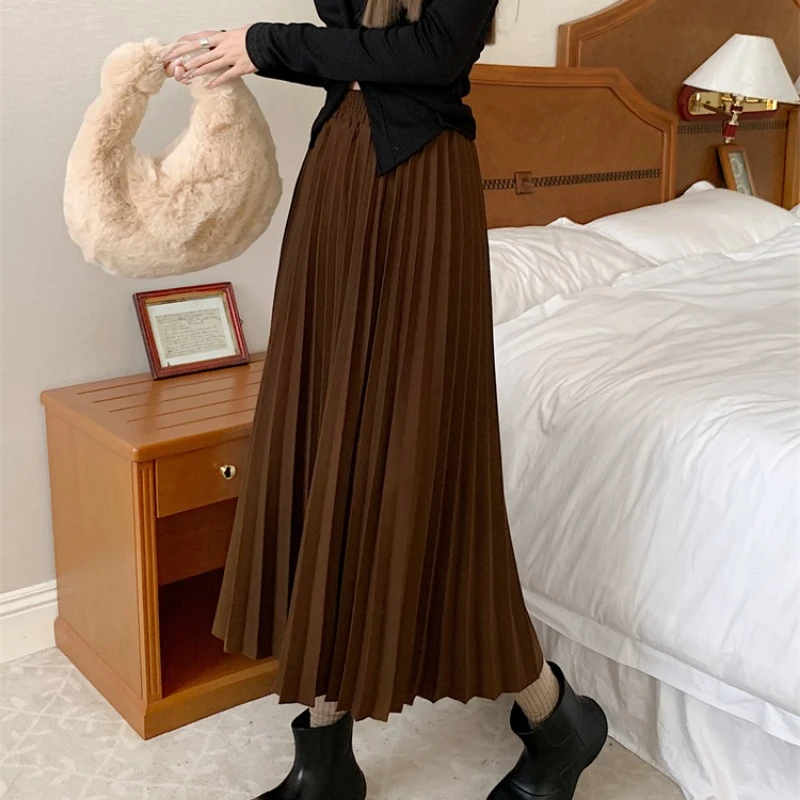 Autumn and Winter New Skirts Women Solid Color High-waisted A-line Slim Thin Elastic Waist Pleated Office Lady Long Skirt Female
