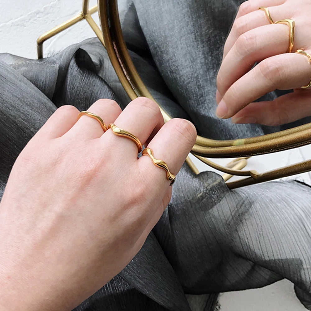 Gold Color Vintage Irregular Smooth Wavy Ring For Women Titanium Steel Plated 18k Golden Rings Wedding