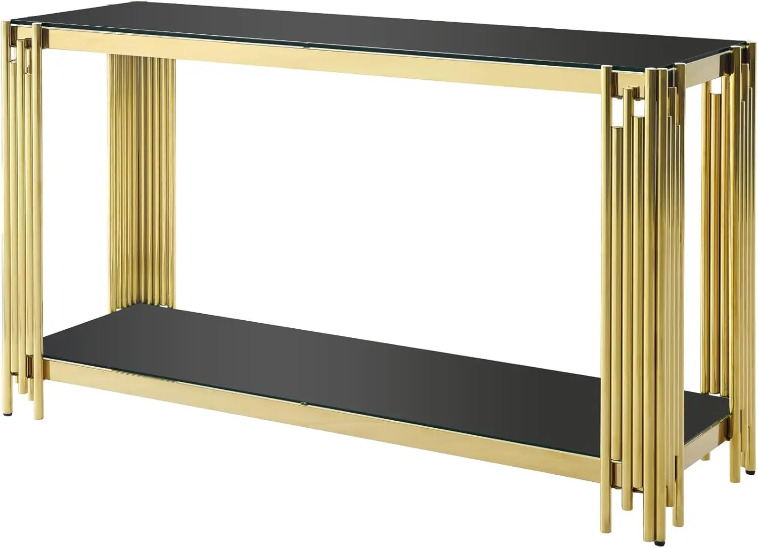 Glass Console Table Modern Black Glass Entryway Tables 2-Tier Luxury Accent Sofa Table with Tempered Top and Golden