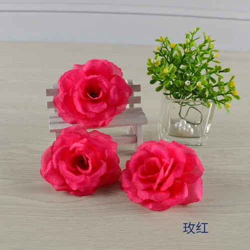 Set of 10 Red and Green Artificial Rose Flower Heads