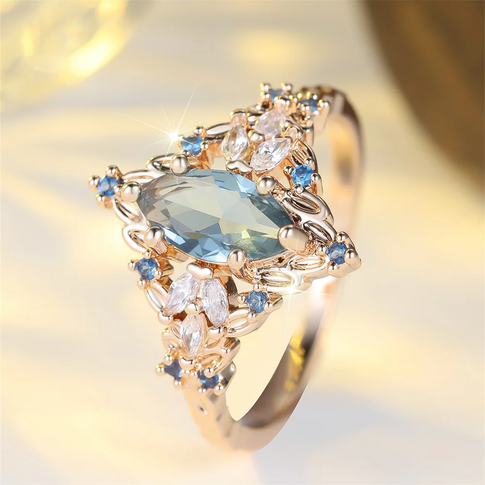 Fashion Blue Crystal Marquise Oval Stone Flower Rings For Women Vintage Gold Color Engagement Ring Wedding Jewelry Bridal Gifts