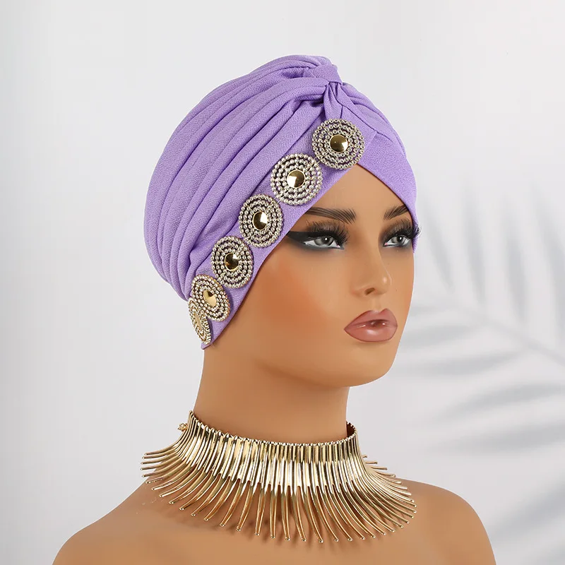 

Latest Diamonds Turban Chemo Caps for Women Handmade African Auto Gele Headtie Nigerian Head Wraps Muslim Headscarf Hijab Bonnet