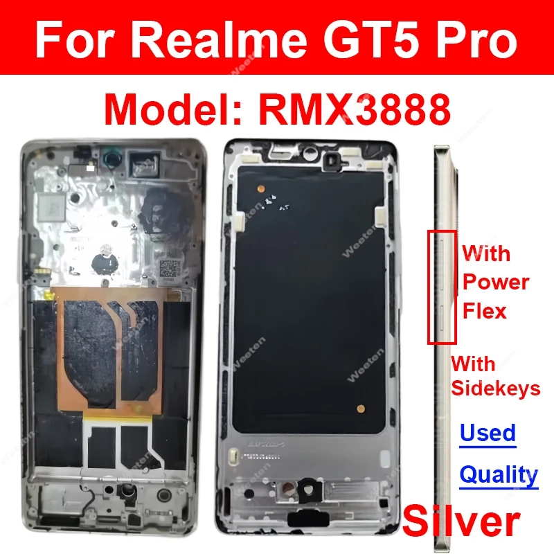 Realme GT 5 Pro GT5 Pro RMX3888용 중간 하우징 프레임(사이드 키 포함) 후면 커버 배터리 도어 하우징 교체
