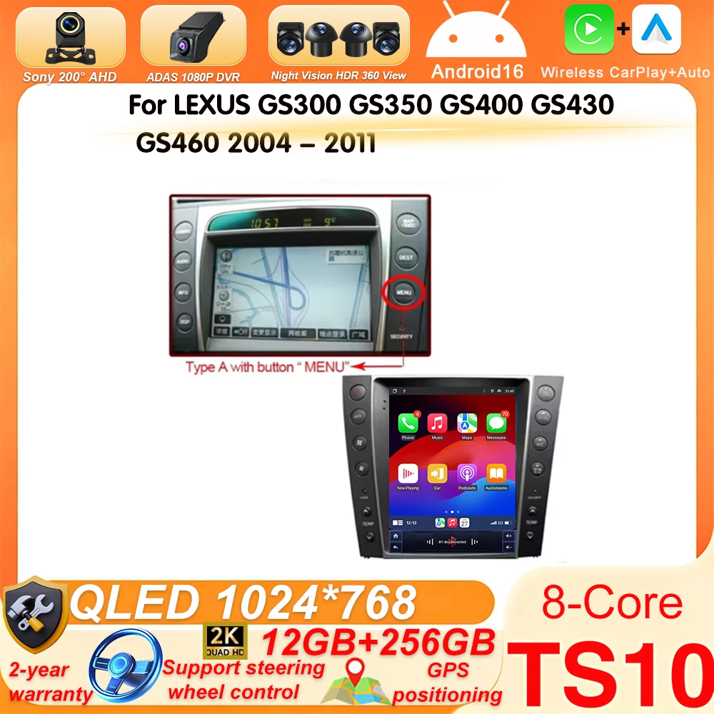 Autoradio Per LEXUS GS300 GS350 GS400 GS430 GS460 2004 - 2011 Carplay Schermo di Navigazione GPS Android Auto 5G Wifi Stereo Bluetoot