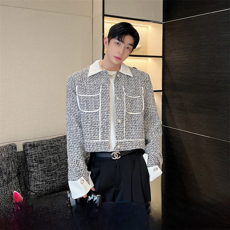 Faionable Knitted ort Jaet Autumn Men's Sle Turn-down Collar Casual Small Fraance Wind Coat Youth  Stand Fit