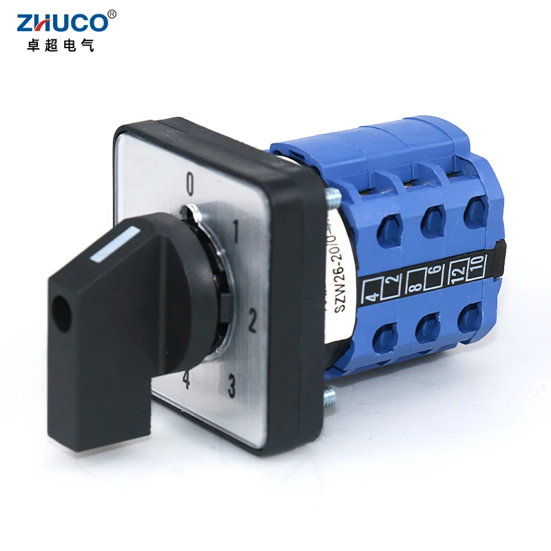 

ZHUCO SZW26/LW26-20 20A Three Pole Five Position 64X64 48X48 mm Panel Silver Contact Transfer Rotary Cam Universal Switch