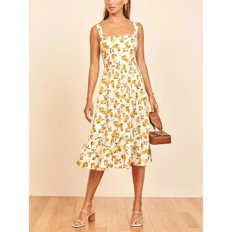 

2023 Summer Top Quality Women Fashion Linen Beach Style Floral Print Flounced Edge Square Collar Camisole Mini Dress