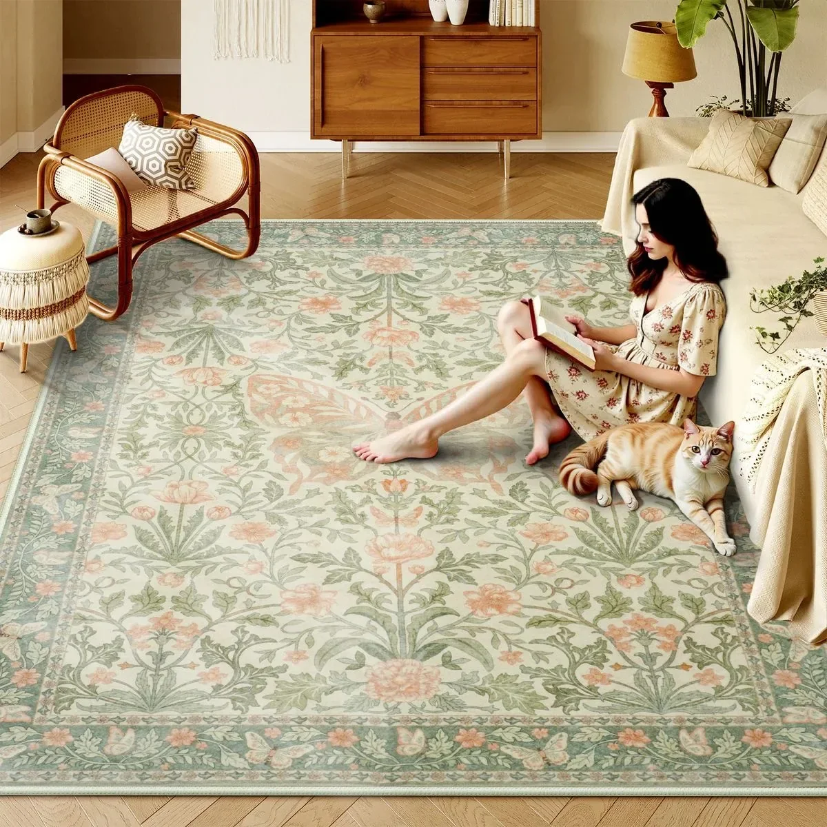 Bohemian Living Room Non-slip Rug Washable Large Area Rug Bedroom Decorative Vintage Floral Butterfly Sage Green Area