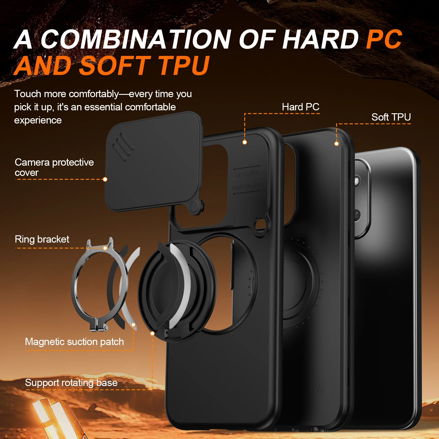 Shockproof Sliding Camera Cover Case with Metal Ring Stand and TPU Frame - Armor Series