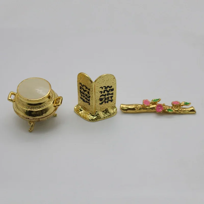 Implant of the Ark Of the Covenant three piece set, Jewish holy objects, gold jars, Aaron's budding staff, Slate,