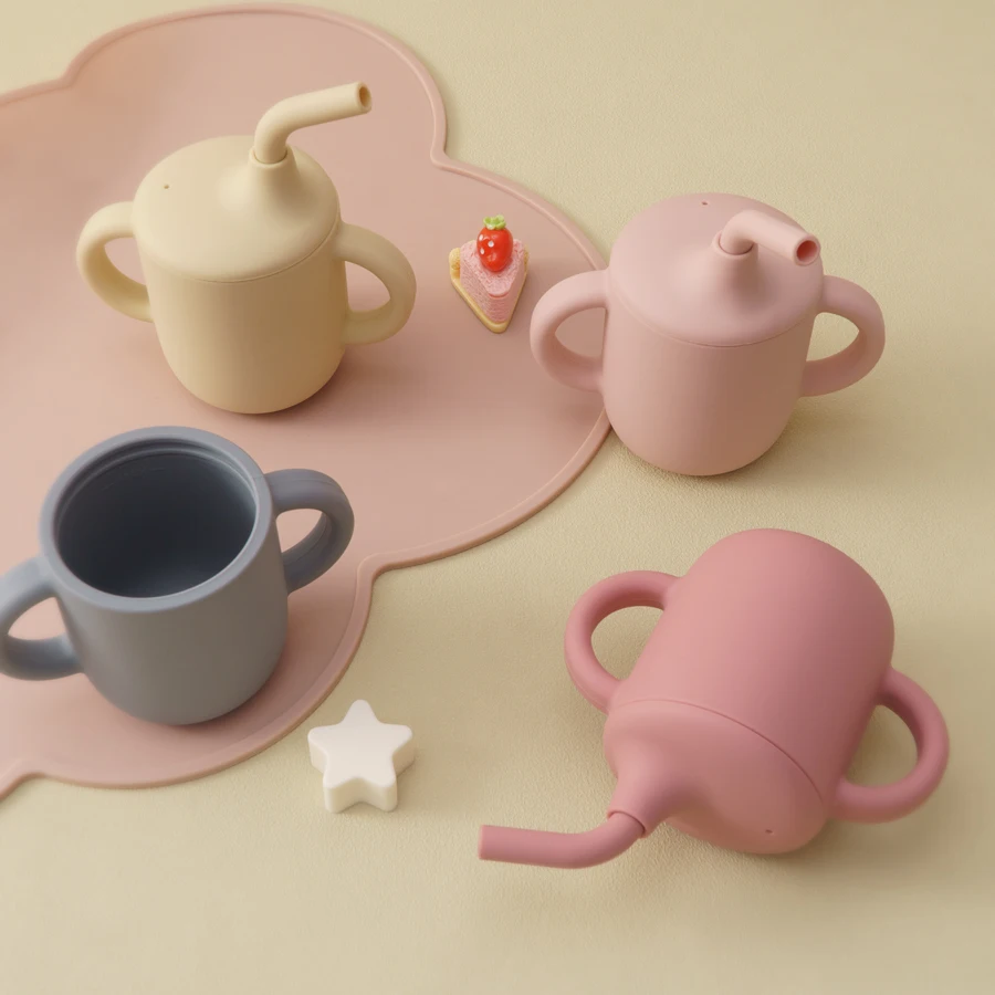 실리콘 컵, 순색 물병, 어린이 수유 훈련 용품, 더블 핸들 시피 컵, 휴대용 식기, 1PC