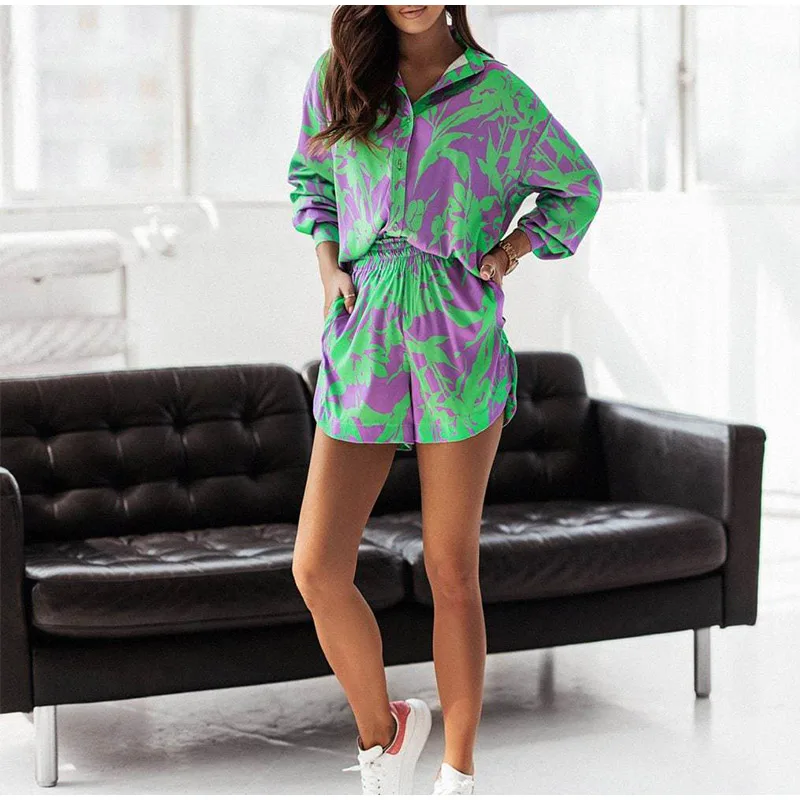 Print Shorts Suits Woman Vintage Long Sleeve Shirt And Short Pants Suit Two Piece Set Female Casual Outfit
