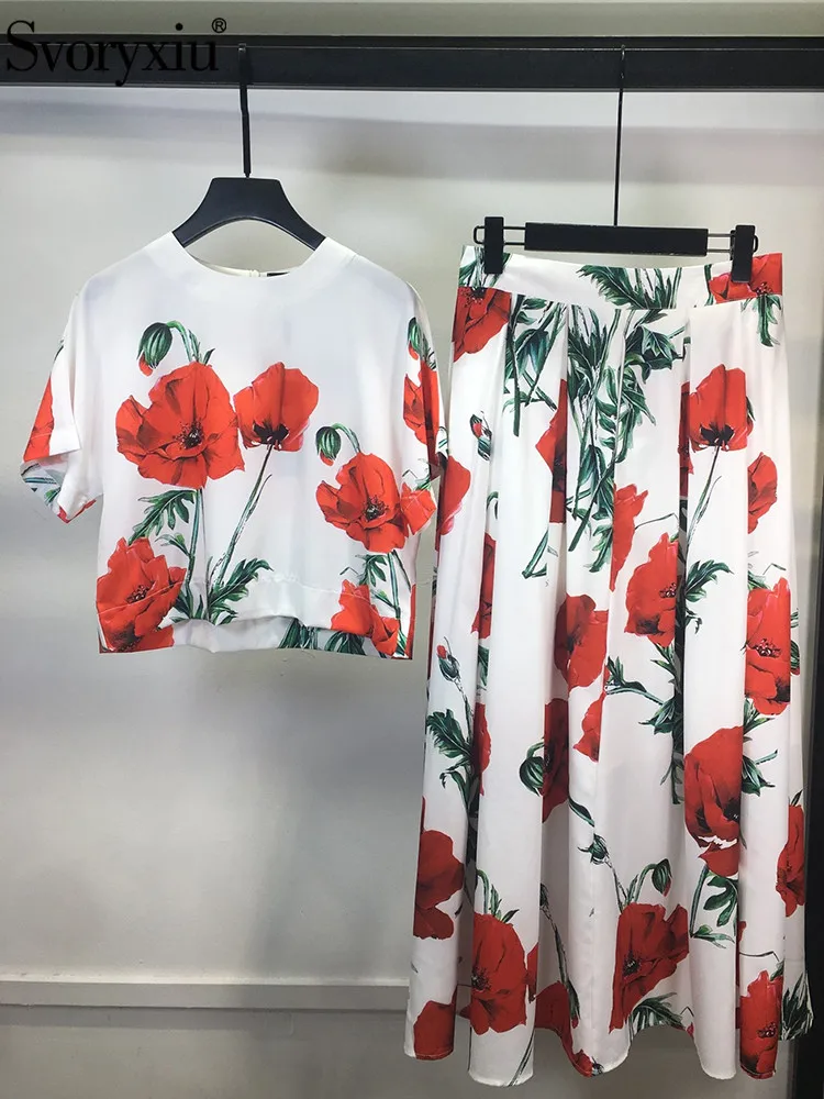 

Svoryxiu Summer Fashion Vintage Gorgeous Flower Print Skirt Suit Women's Short Sleeve T-shirt Tops+High Waist Slim Half Skirt