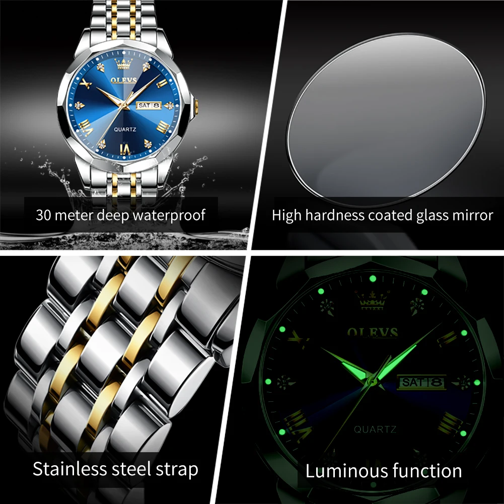 OLEVS 9931 Quartz Watches Men Rhombus Mirror Original Luminous Waterproof Shock Resistant Stainless Steel Business Date Week