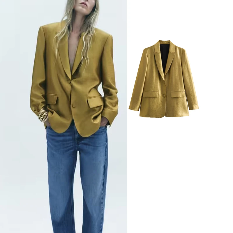 

TRAF 2023 Gold Blazer for Women Straight Button Jacket Women Long Sleeve Office Wear Blazer Woman Streetwear Coat Female Blazers