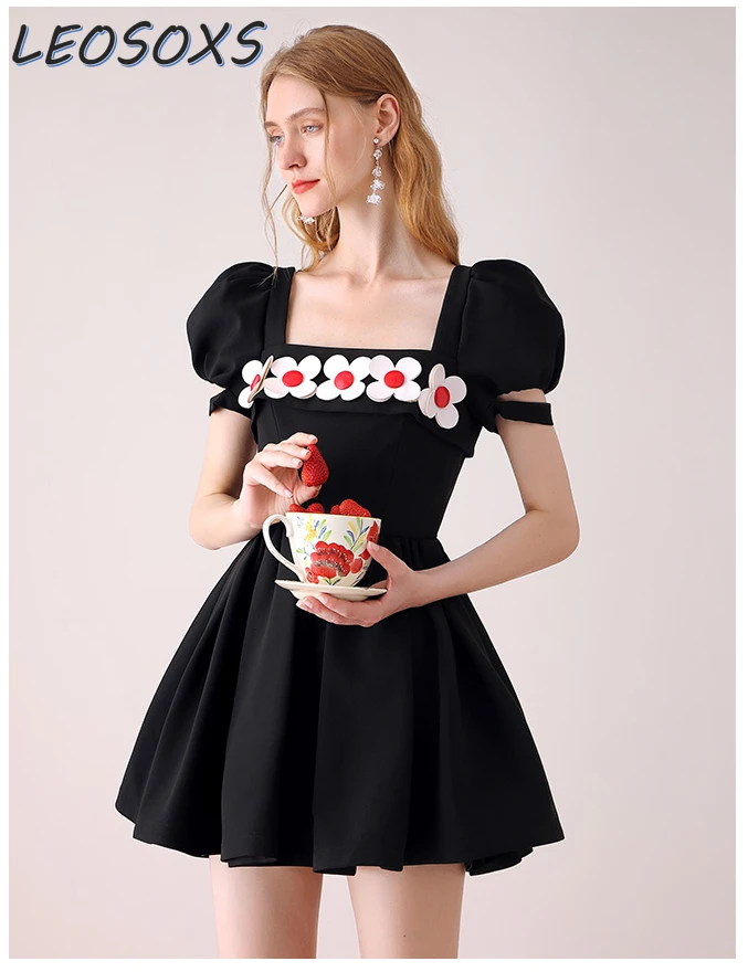 

Hot Sale Classic Black Dresses 2024 Summer Waist Slim Three-Dimensional Flower Puff Square Collar Temperament Women Dress