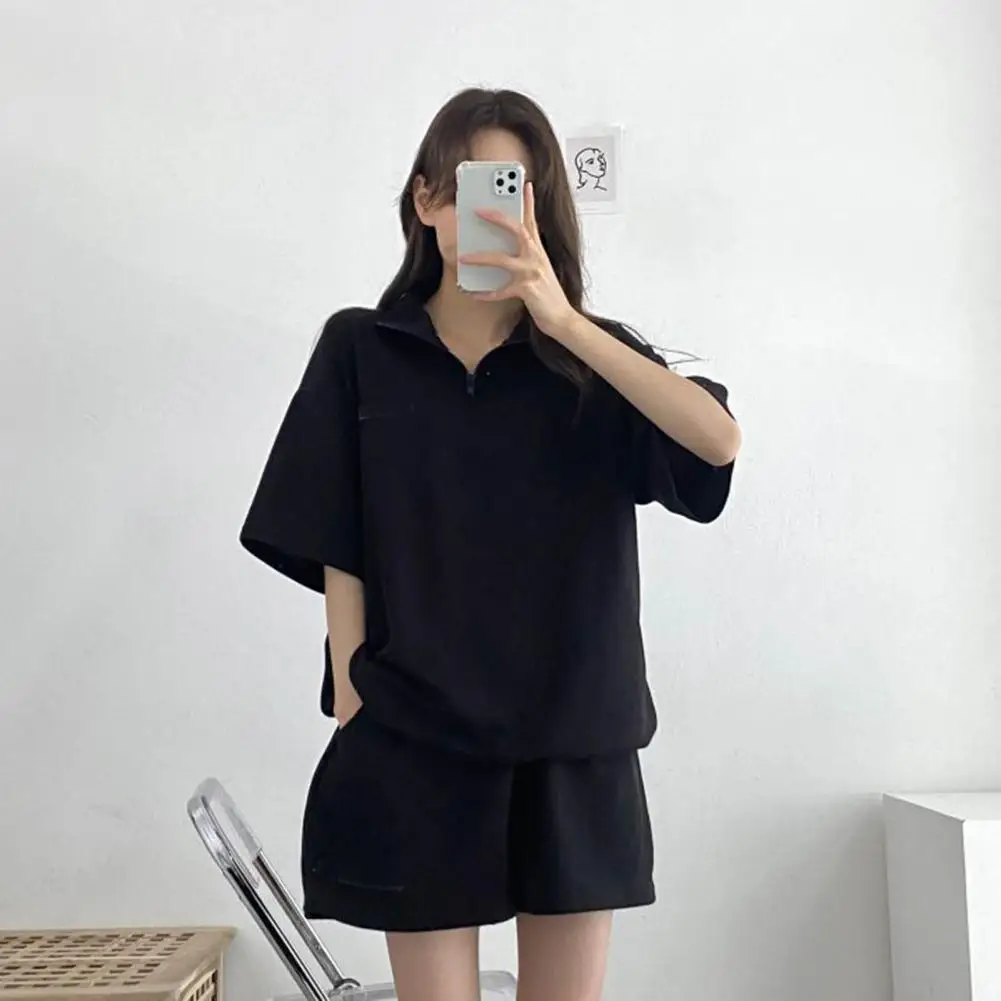

Women Tracksuit Set Summer Tracksuit Set with Half Sleeves Elastic Waist Zipper Collar Breathable Soft Sweatshirt Shorts for A