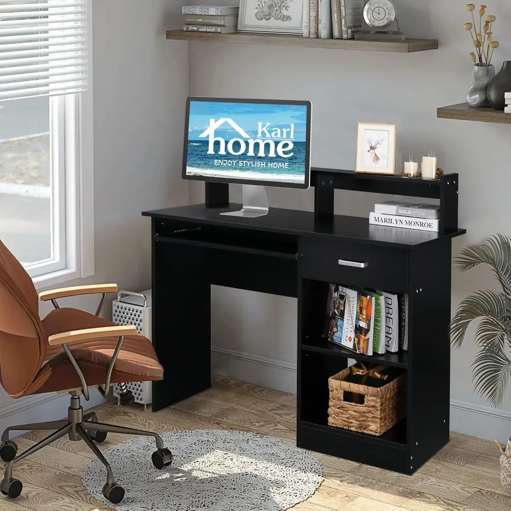 "elegant wooden home office desk with drawer, shelf, and keyboard tray for pc and laptop, black"