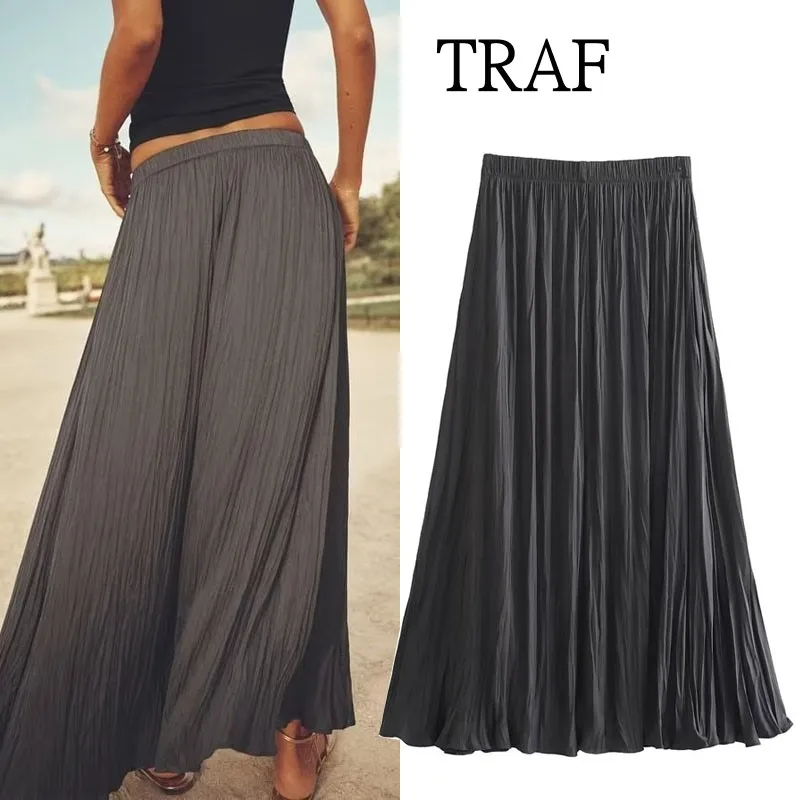 

TRAF Long Skirts For Women 2023 New Vintage Pleated Skirt Women Clothing Elastic Waist Loose Casual Skirt Female Asymmetric Hem