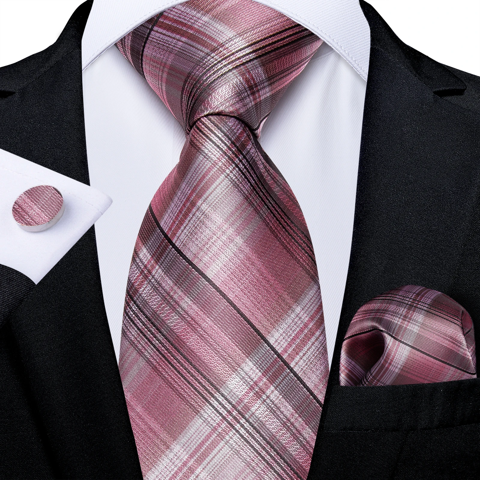160cm Length Men's Silk Tie Set Handkerchief Cufflinks Wedding Party Accessories Neck Ties Gift for Men DiBanGu
