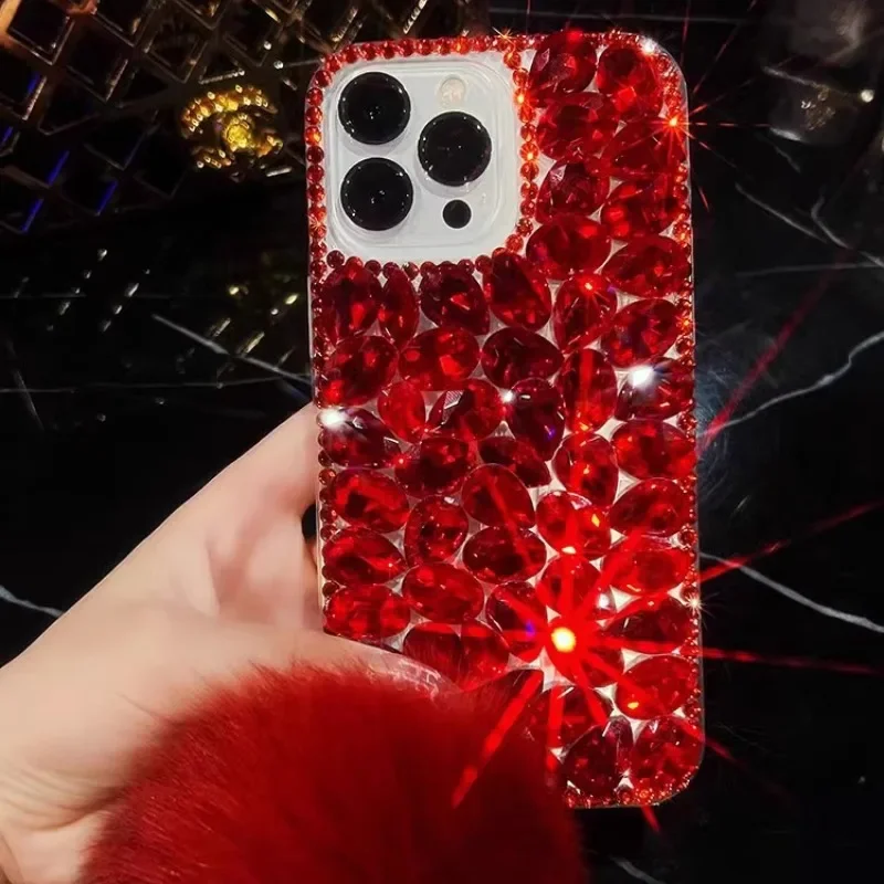 

Luxury Gemstone Bling Rhinestone Fur Hairball Phone Case For Xiaomi Redmi 9A 9C Note8 9 Pro Note10S Note11 Pro 12Pro Cover
