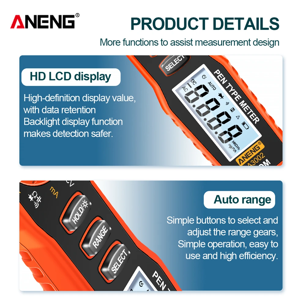 ANENG A3002 4000 Count Digital Multimeter Pen Type Non Contact Meter AC/DC Voltage Tester Resistance Continuity Electrician Tool digital multimeter multimeter tester