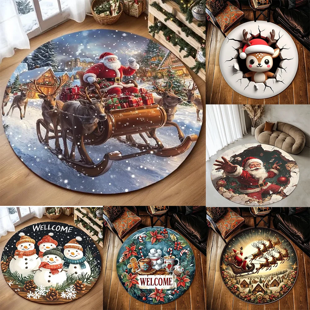 Santa Claus and Sled Round Carpet Christmas Tree Elk Snowman Round Carpet Bedroom Carpet Home Floor Mat Washable Leisure Carpet