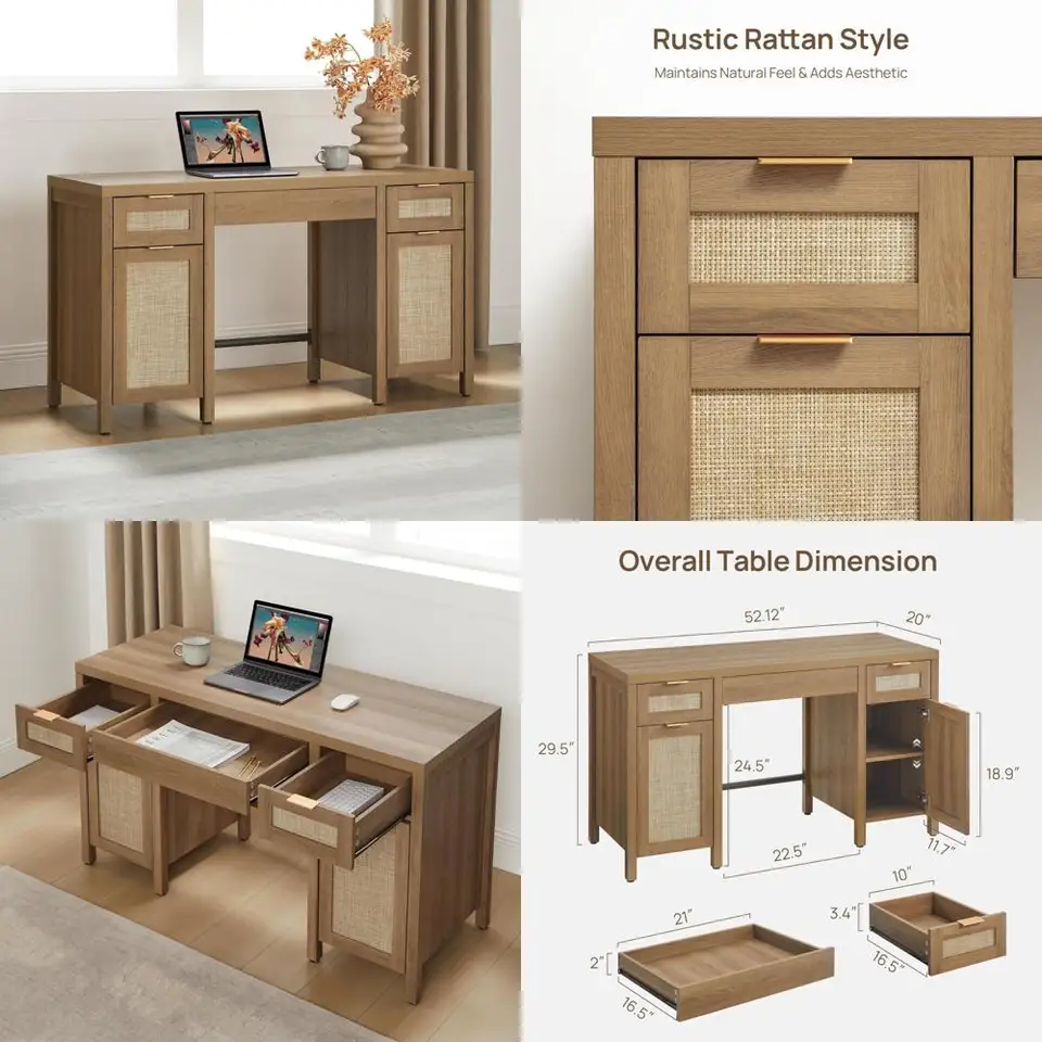 ラタン机 52インチの大型ラタン製ホームオフィスデスク（収納付き）- 3